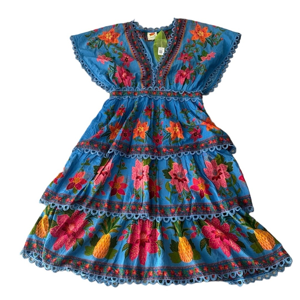 Farm Rio Women’s Blue Tropical Midi Layered Tiered Tapestry Dress Medium NWT - Picture 1 of 16